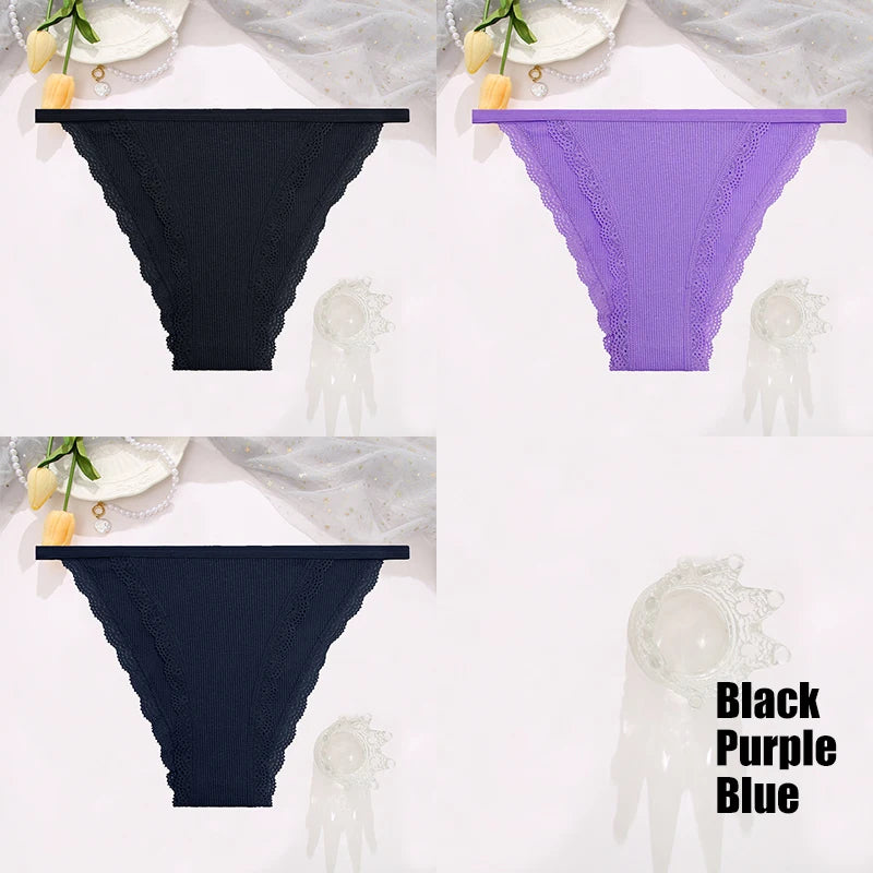 FINETOO 3PCS Set Women's Lace Cotton Panties Solid Color Soft Breathable Underwear Lingerie