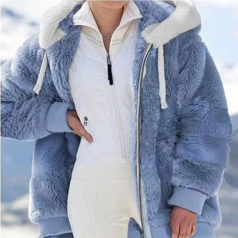 Winter Women Jackets Plush Oversize Fleece Plaid Y2K Hooded Zipper Warm Solid Color Casual Coats