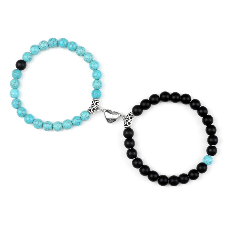 2-Pcs Natural Stone Bead Couple Bracelets – Heart Magnet Distance Friendship Jewelry Gift for Lovers