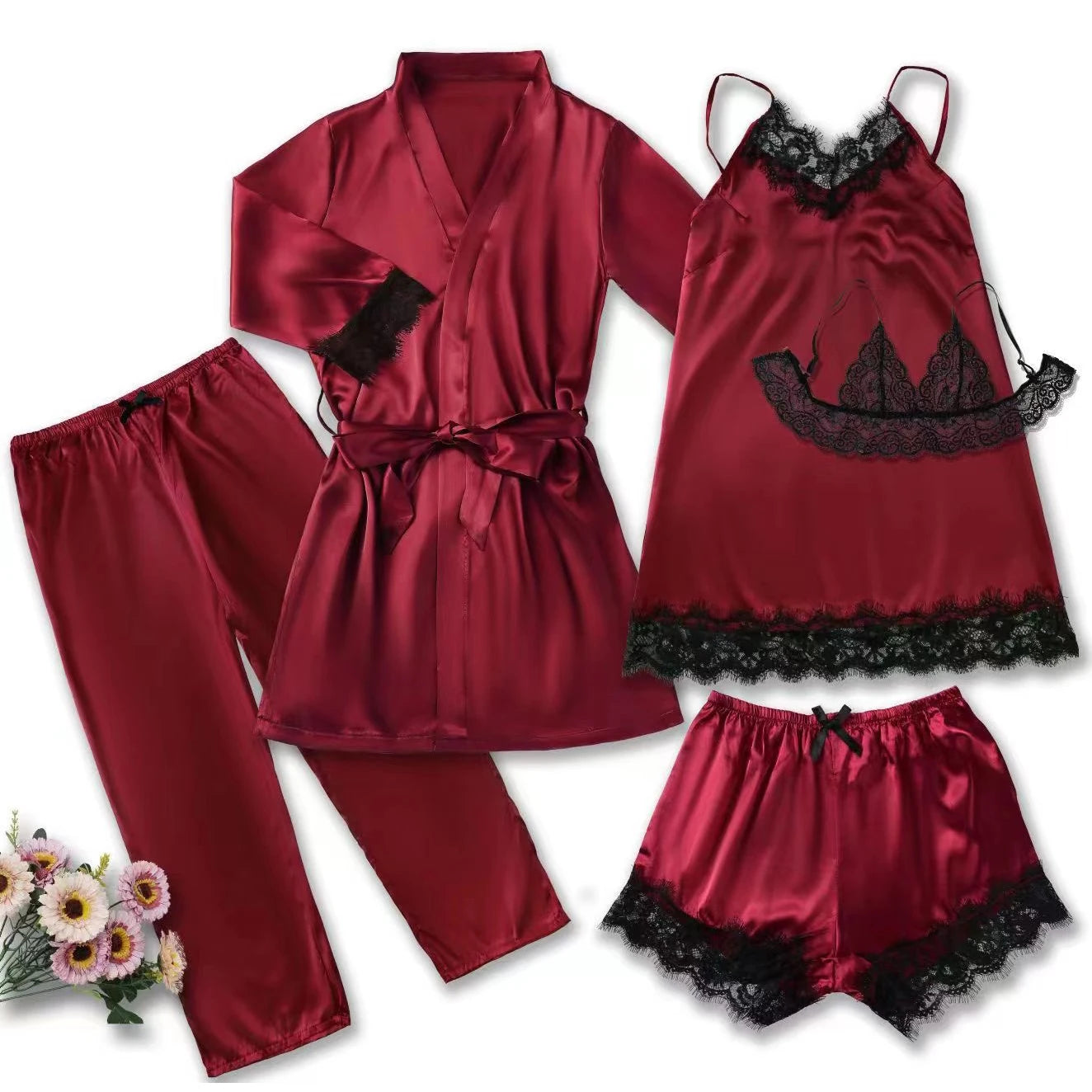 Women's Satin Sleepwear Pajama Set Pink Sexy Lingerie Bath Robe Lace Patchwork Silk Night Dress Trousers Home Nightwear