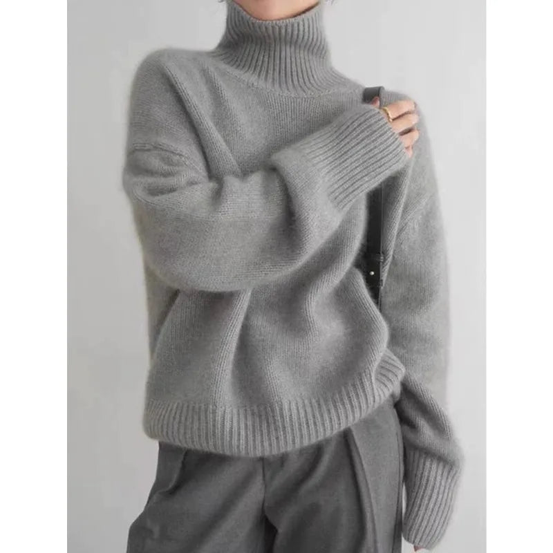 Autumn Winter Women’s Cashmere Sweater – Thick Warm High Neck Knitted Pullover | Loose Fit Base Sweater Top