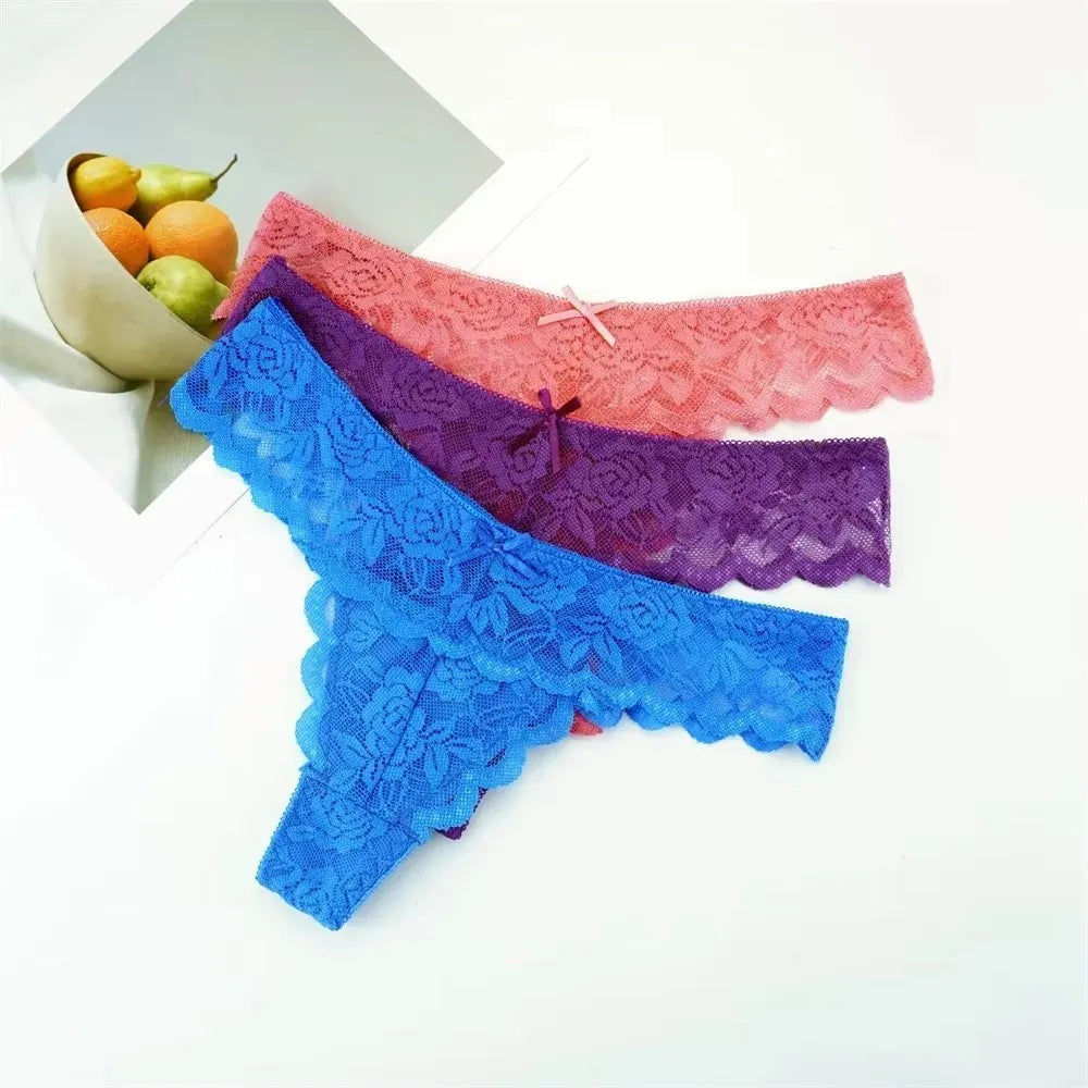 3PCS Ladies Sexy Low Waist Lace Thongs – Transparent G-String Panties, Soft Comfortable Underwear