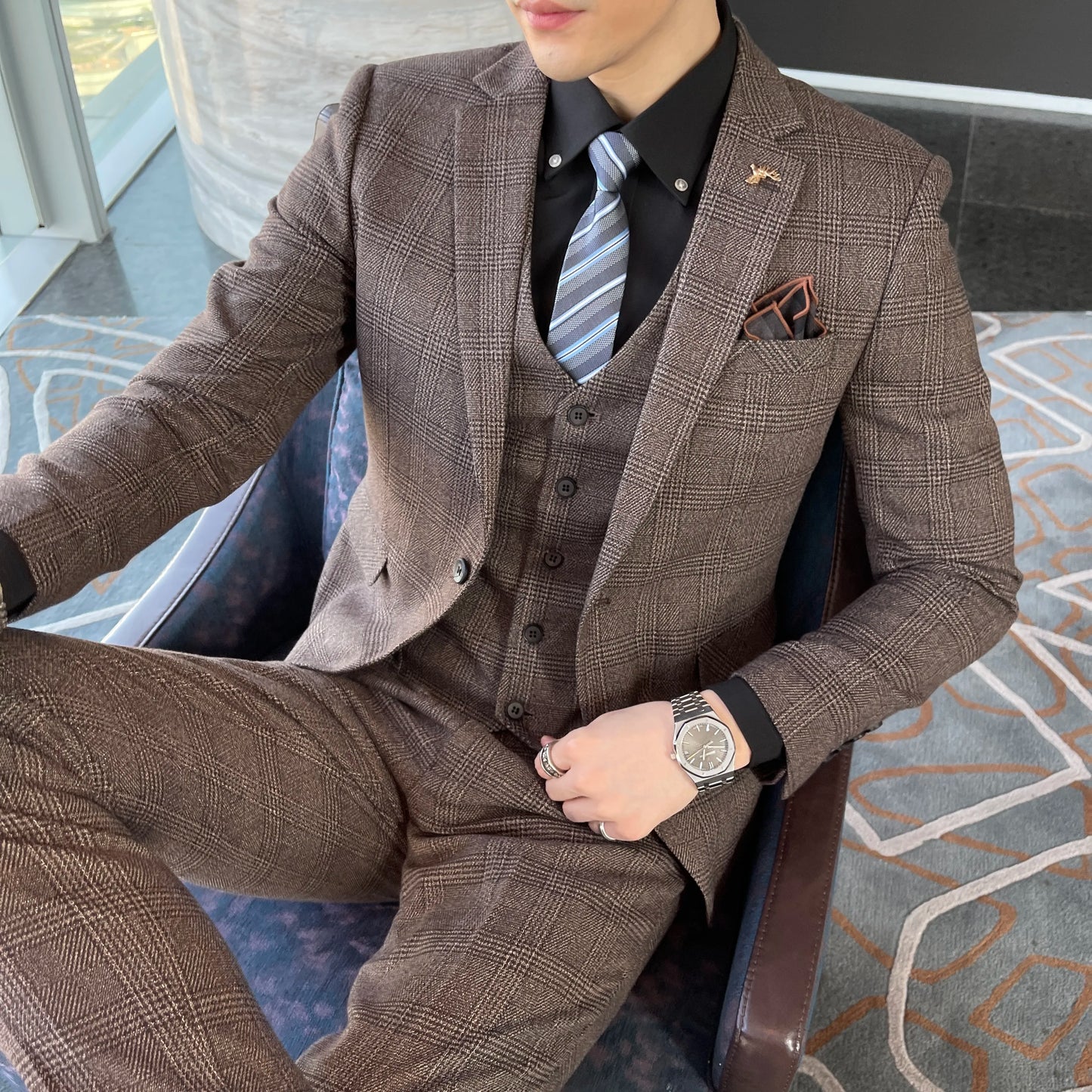 Men's British Korean Style 3-Piece Plaid Suit – Stylish Business Casual Outfit