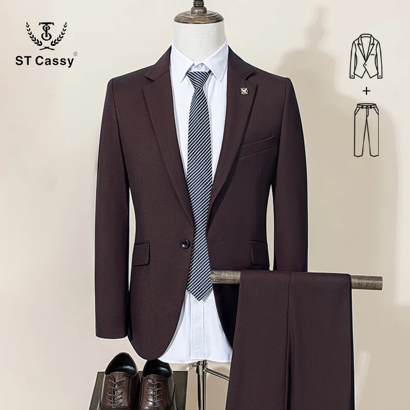 ST Cassy Men's Slim Fit 2-Piece Suit – Solid Color Formal Business & Office Wear