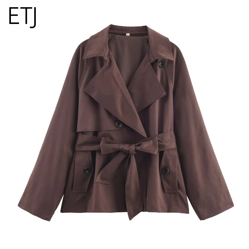 ETJ Autumn 2025 Women's British-Style Lapel Double-Breasted Maillard Color Belt Casual Trench Coat