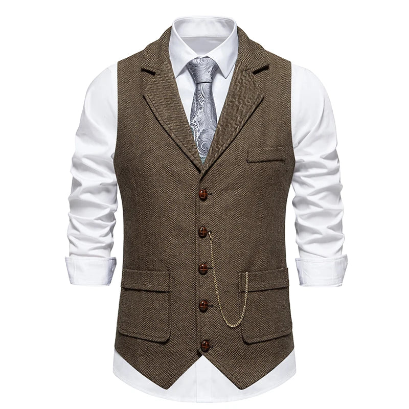 Men's Retro Tweed Suit Vest – Vintage Herringbone Gentleman Party Waistcoat