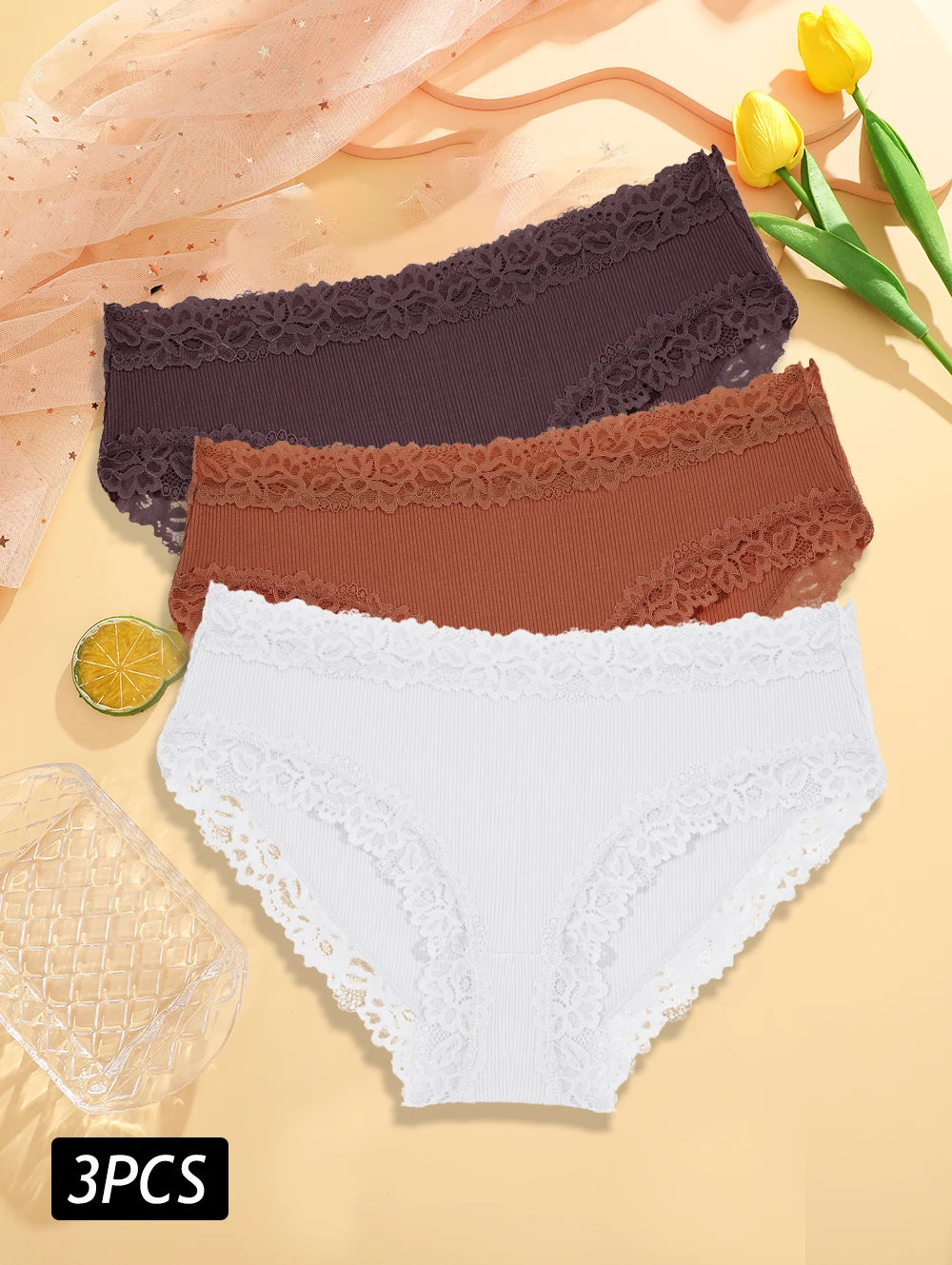 3PCS Set Women's Sexy Lace Cotton Low Rise Panties Floral Seamless Soft Breathable Underwear S-XL