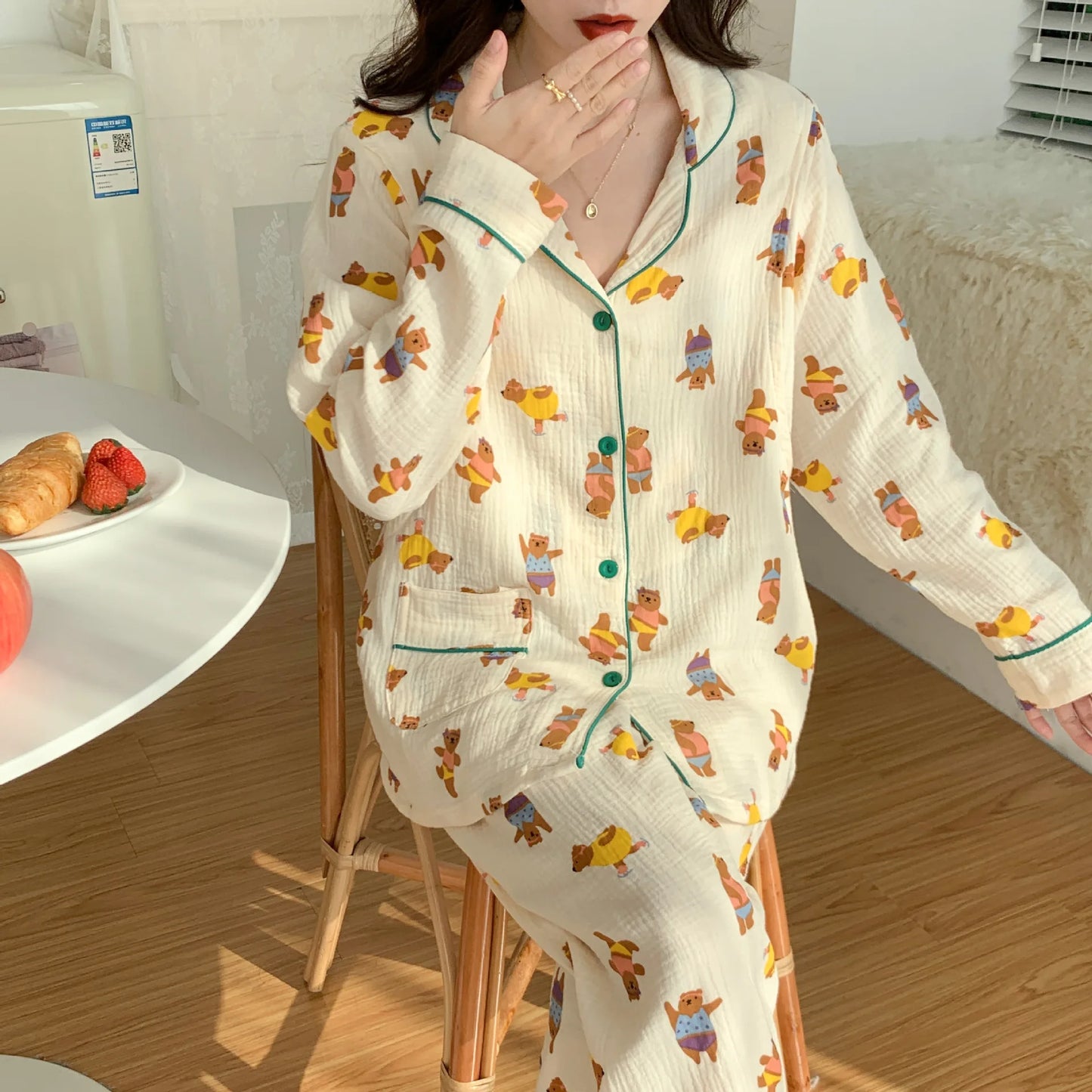 100% Cotton Gauze Women's Pajama Set | Ink Painting Print 2-Piece Sleepwear | Comfortable Nightwear & Home Loungewear