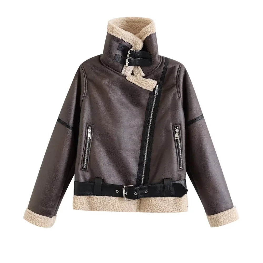 2024 Autumn/Winter Fashion Women's Fur Integrated Retro Motorcycle Jacket