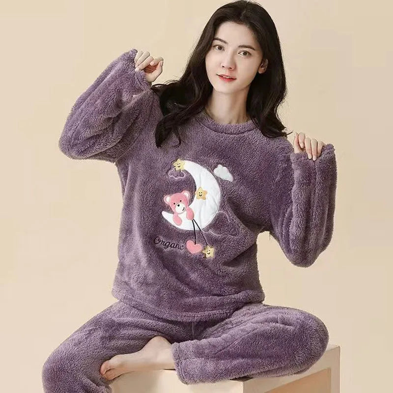 Thickened Warm Women's Pajama Set | Coral Velvet Top & Pants with Cartoon Bear | Large Size Fall & Winter 2-Piece Set