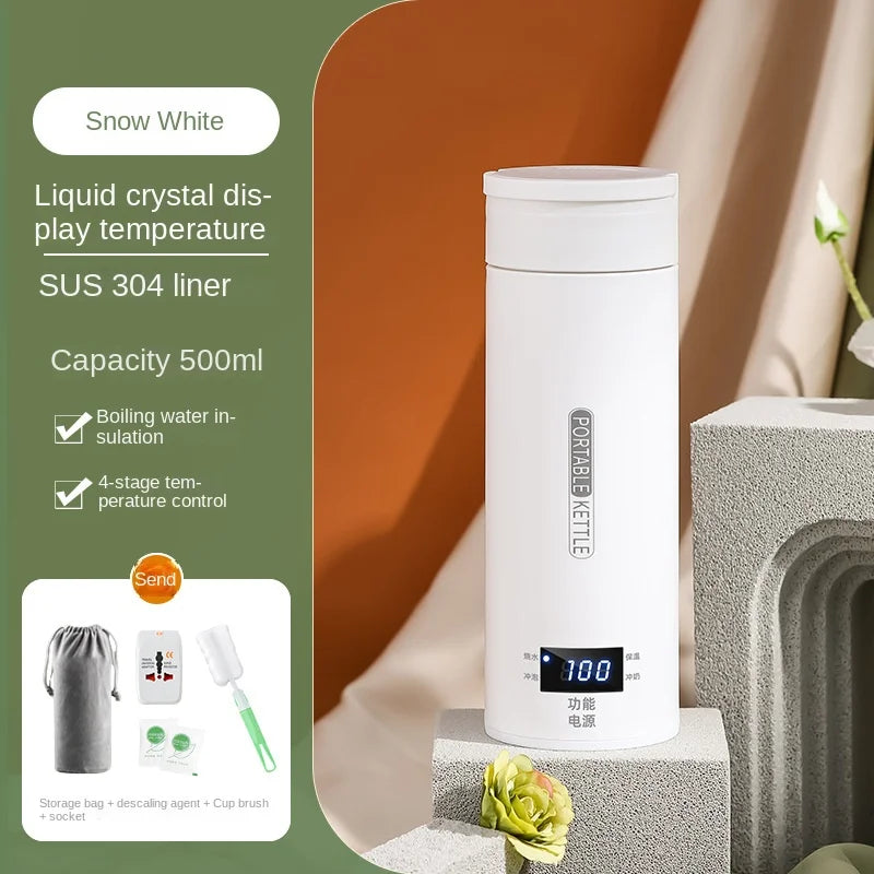 غلاية كهربائية للسفر سعة 500 مل - سخان حليب محمول سريع الغليان للأطفال، زجاجة حرارية من الفولاذ المقاوم للصدأ 304