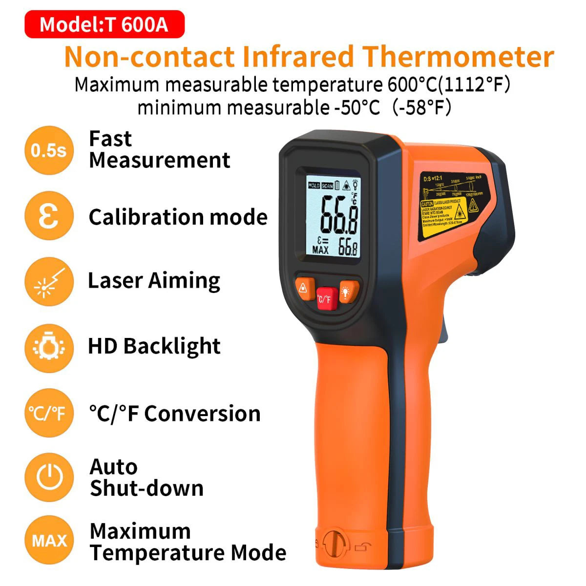 NJTY T600 Infrarot-Thermometer – Handgehaltenes Laser-Oberflächentemperaturmessgerät zum Kochen, für Pizzaöfen, Grills und Motortests