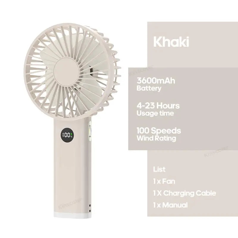 Handheld Personal Fan – Portable USB Mini Fan with 3600mAh Rechargeable Battery, Stepless Speed Control, Display & Nightlight