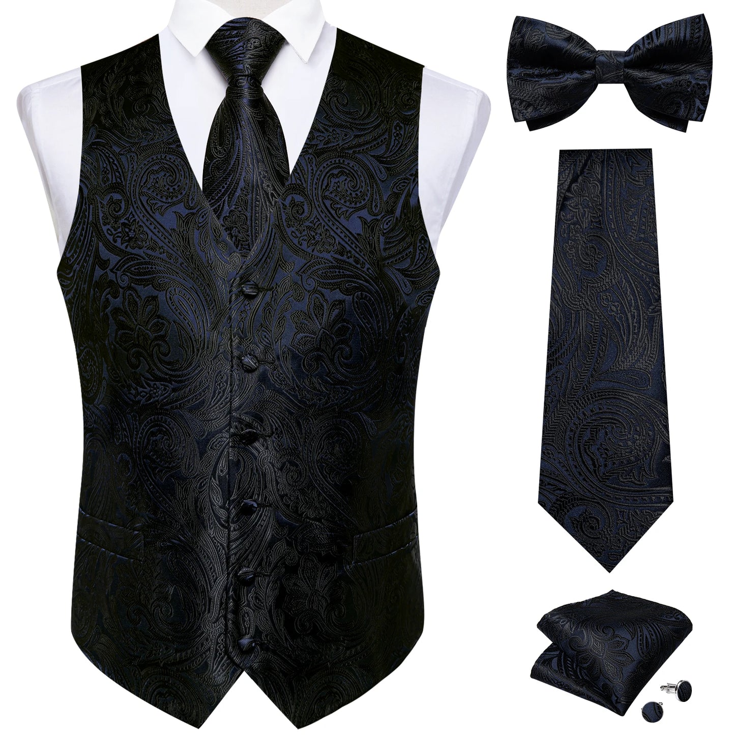 Men's Black Paisley Suit Vest with Necktie & Accessories – Formal Waistcoat for Wedding & Prom