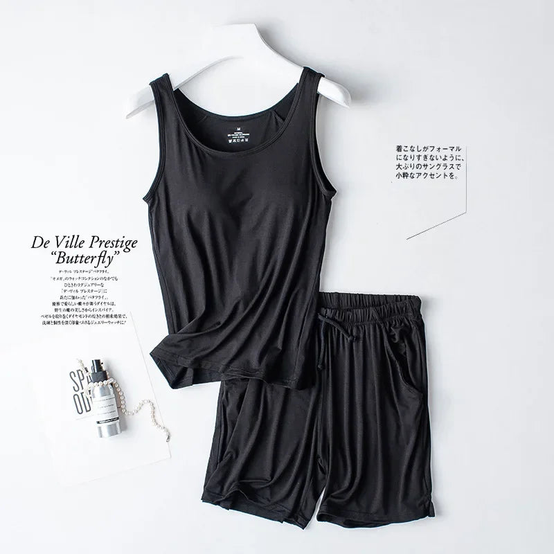 Summer Women's Modal Pajama Set | Two Piece Camisole with Chest Pad & Shorts | Seamless Lingerie Homewear Sleepwear