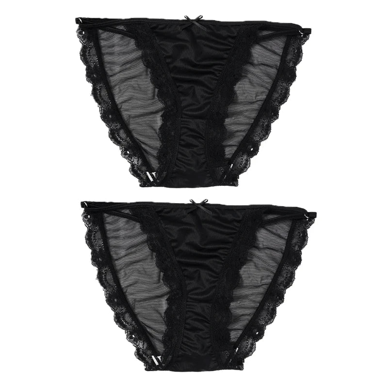 2PCS Women's Mesh Satin Ice Silk Low Rise Panties Soft Breathable Sexy Lace Underwear