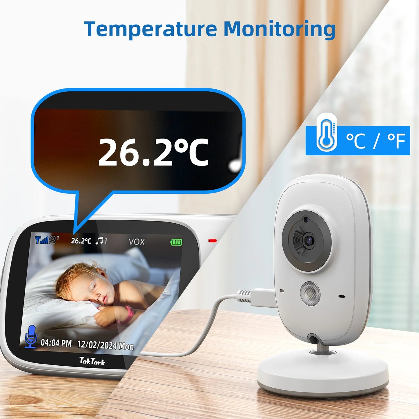 TakTark 3.2” Wireless Video Baby Monitor – Night Vision, Two-Way Intercom, Temperature Monitoring, Nanny Surveillance Camera