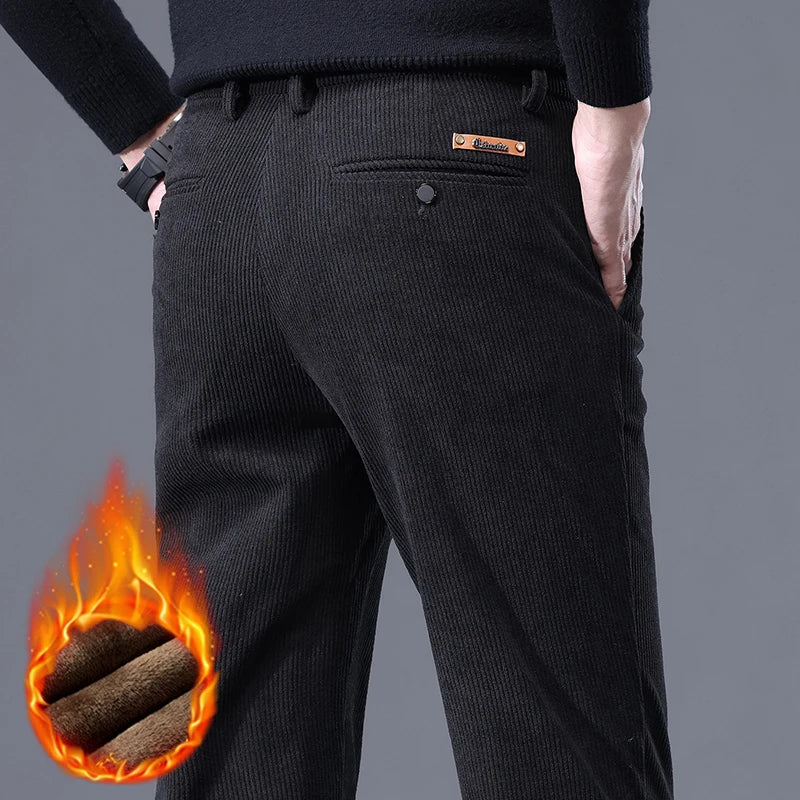Men's Corduroy Casual Pants – Fleece-Lined Thick Stretch Business Trousers Winter Thermal