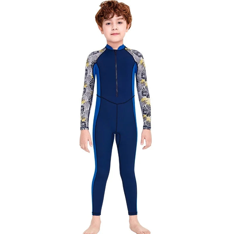 Boys One-Piece Swimsuit Long Sleeve Sun Protection Kids Swimwear with Cap