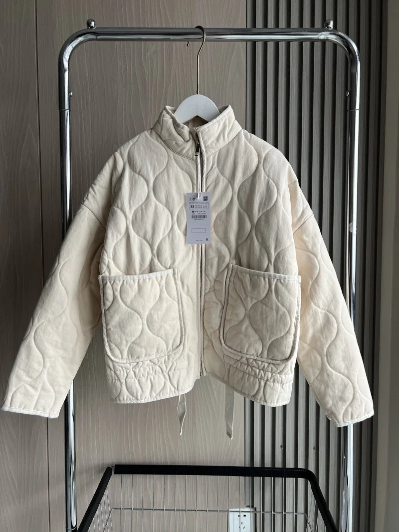 ZW Women's Cotton Jacket 2025 Vintage Lenzing Rayon High Collar Quilted Coat with Large Pockets
