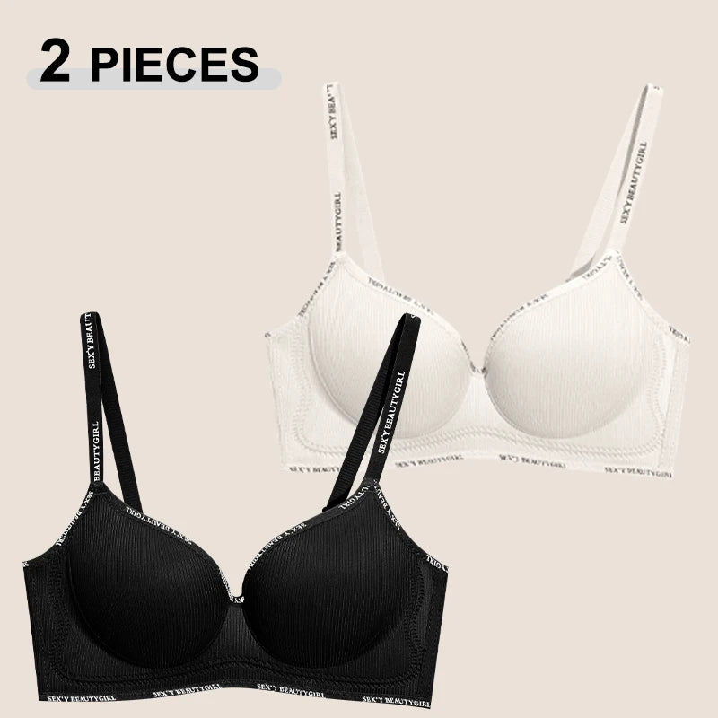2Pcs Women’s Seamless Bra Set Solid Color Wireless Push Up Deep V Neck Letter Strap Underwear