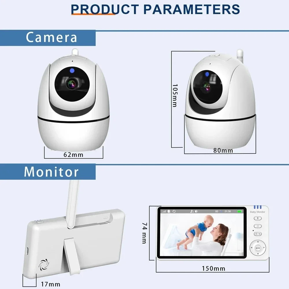 5-Inch Video Baby Monitor with Camera – PTZ Zoom, Two-Way Audio, Temperature Sensor, Lullabies & Security Surveillance