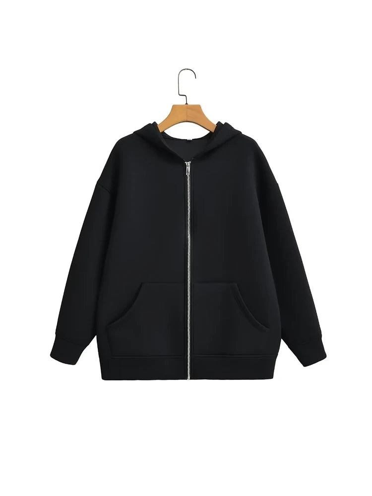 Women's Versatile Hooded Zip Long Sleeve Loose Oversized Casual Jacket Sweatshirt Top