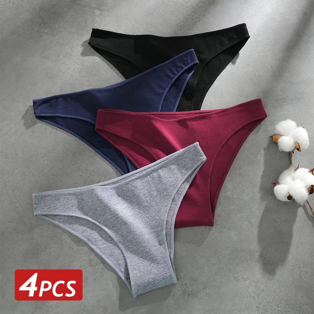 4PCS Seamless Cotton Panties Women Solid Color Low Waist Breathable Stretch Underwear