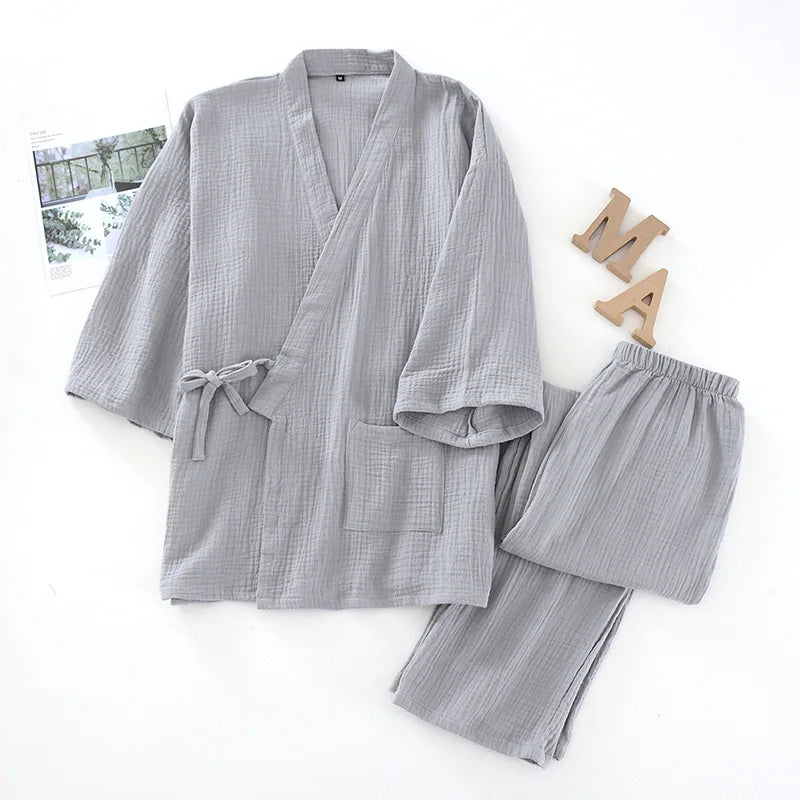 2025 Japanese Kimono Pajama Set | 100% Cotton Two-Piece Couple Yukata | Loose Homewear for Women