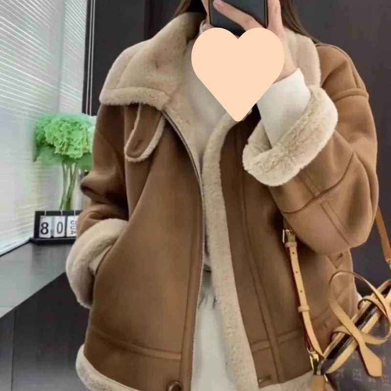 Lamb Fur Jacket Women’s Autumn Winter Thick Motorcycle-Style Short Plush Cotton Fashion Outerwear Coat