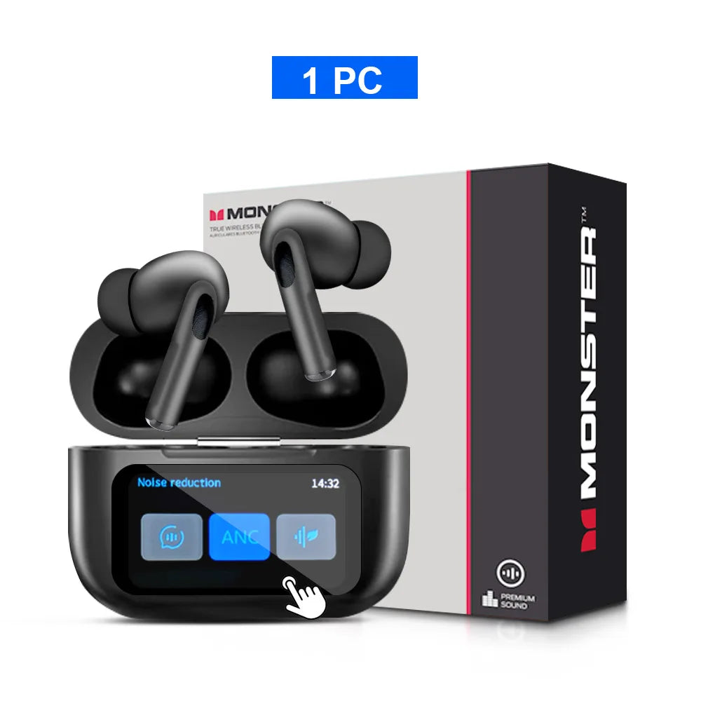MONSTER TWS Wireless Bluetooth Earphones – HD Stereo Sound, LCD Touch Display, Sports In-Ear Headset with Charging Box