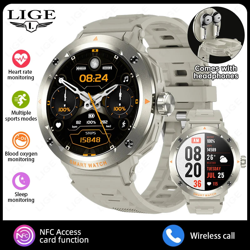 LIGE TWS Smart Watch with Wireless BT Earphones – NFC, Bluetooth Call, Heart Rate Monitor, Music Playback for Men