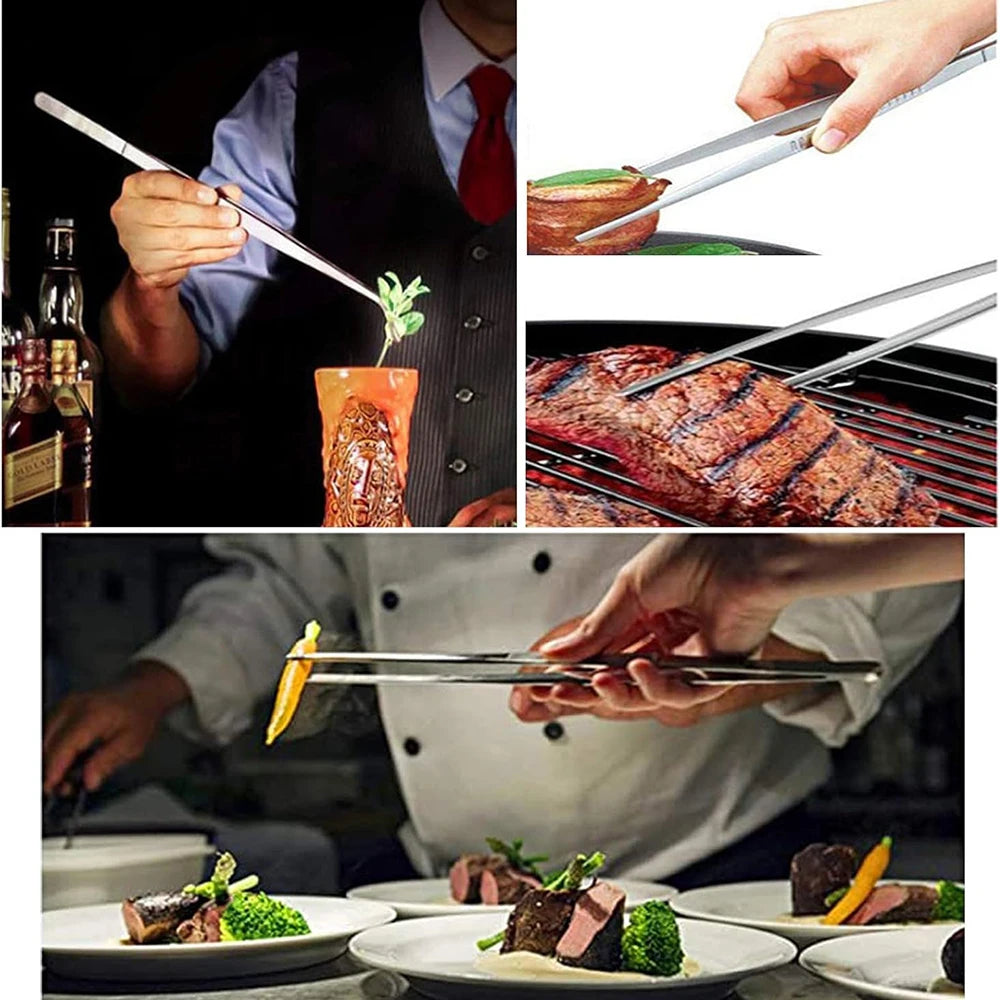 ملقط طعام طويل للشواء من الفولاذ المقاوم للصدأ مقاس 20 سم/30 سم - ملقط مستقيم بمقبض مسنن للمطبخ والحديقة والاستخدام الطبي