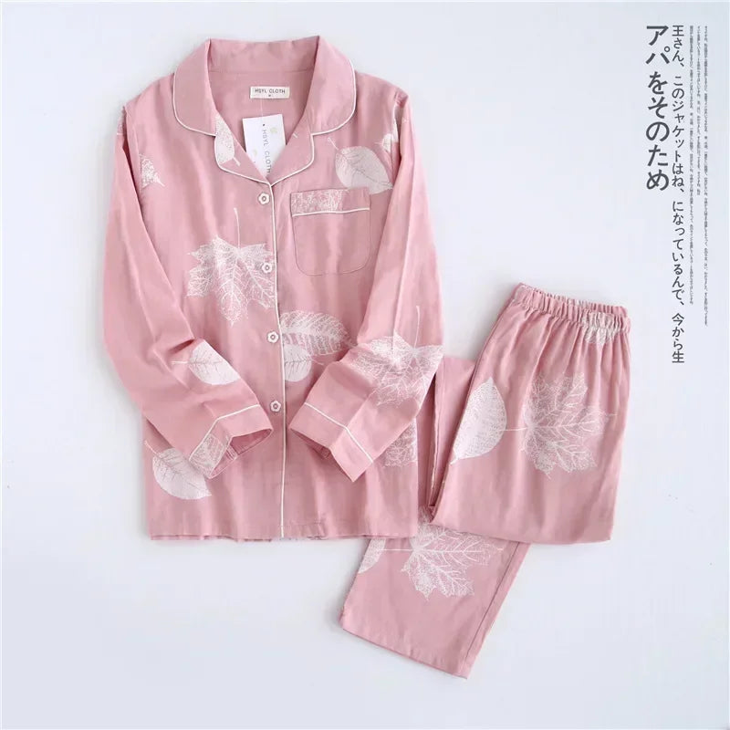 2025 Kimono Femme Maple Leaf Pajama Set | 100% Gauze Cotton Long Sleeve Sleepwear for Women | Autumn Pyjamas Hot Sale