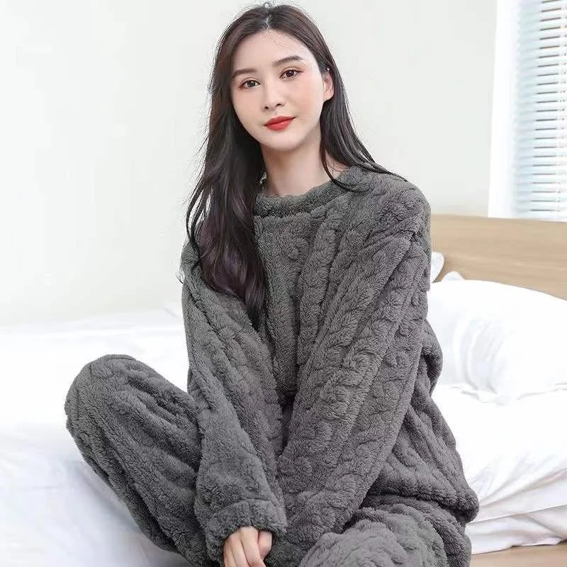 Women's Thickened Flannel Pajama Set | Winter Warm Sleepwear | Striped Top & Pants Homewear Loungewear