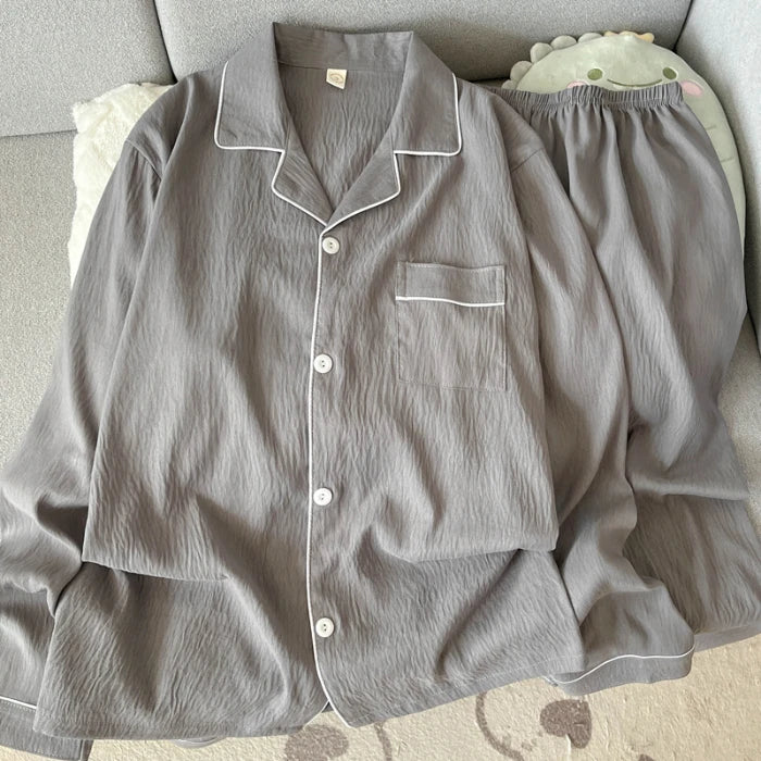 Autumn Men's Pajama Set | Solid Color Plus Size Lapel Neck Long Sleeve Top & Pants | Casual Soft Oversized Loungewear 2-Piece