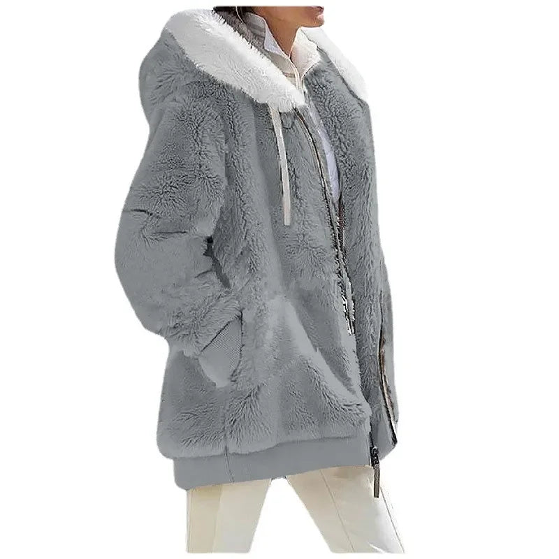 Autumn Winter Women's Casual Hooded Zipper Cashmere Fleece Jacket Solid Color Coat
