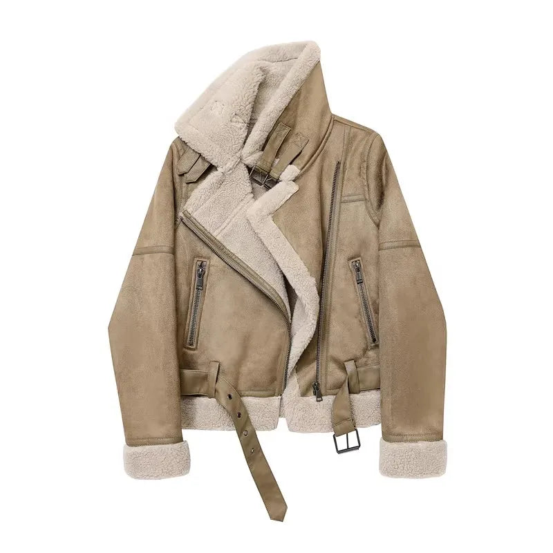 2025 Winter Women Warm Suede Lamb Jacket Short Motorcycle Faux Shearling Brown Coats