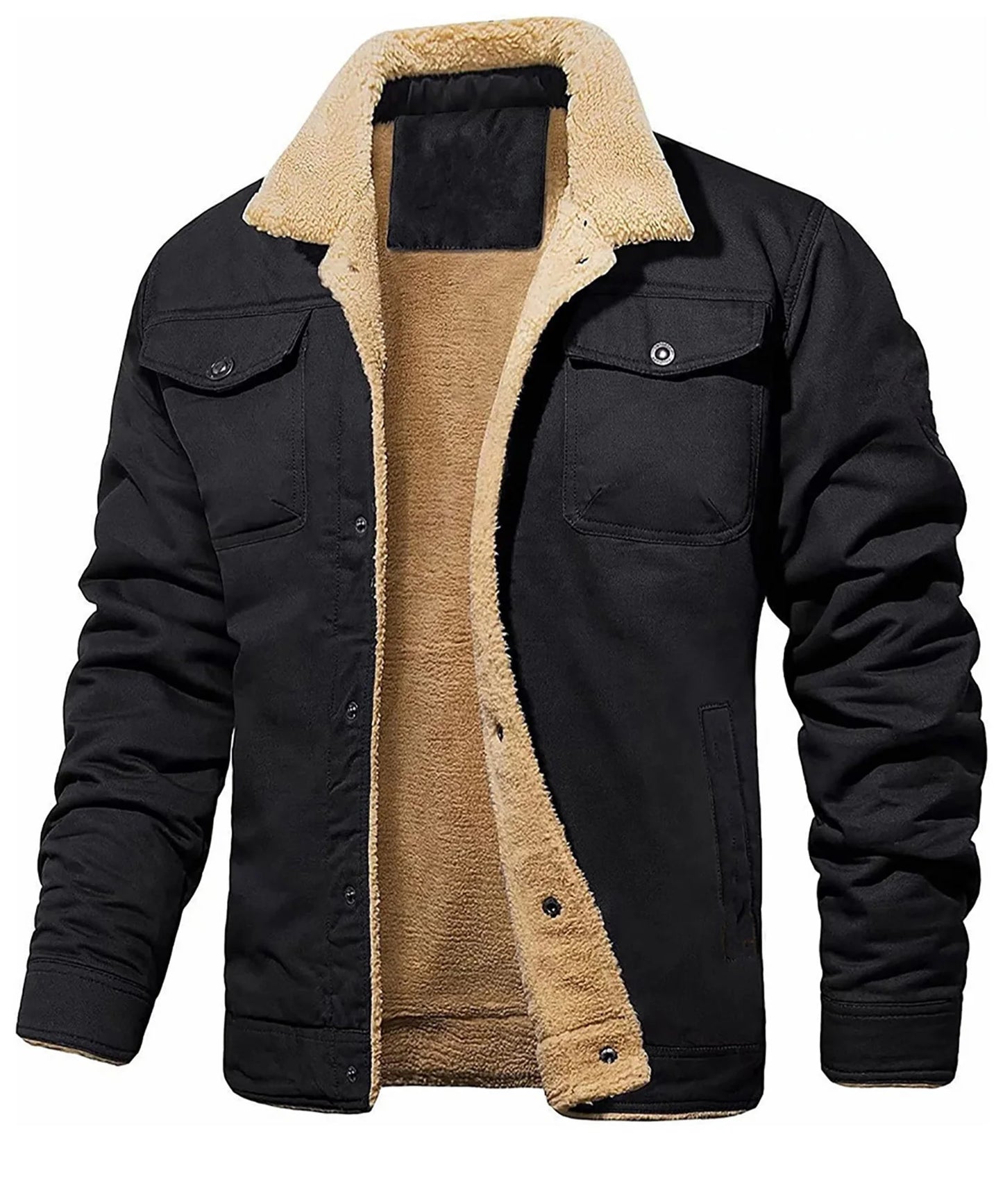 Men’s Winter Faux Shearling Jacket – Windproof Black Buttoned Parka with Pockets