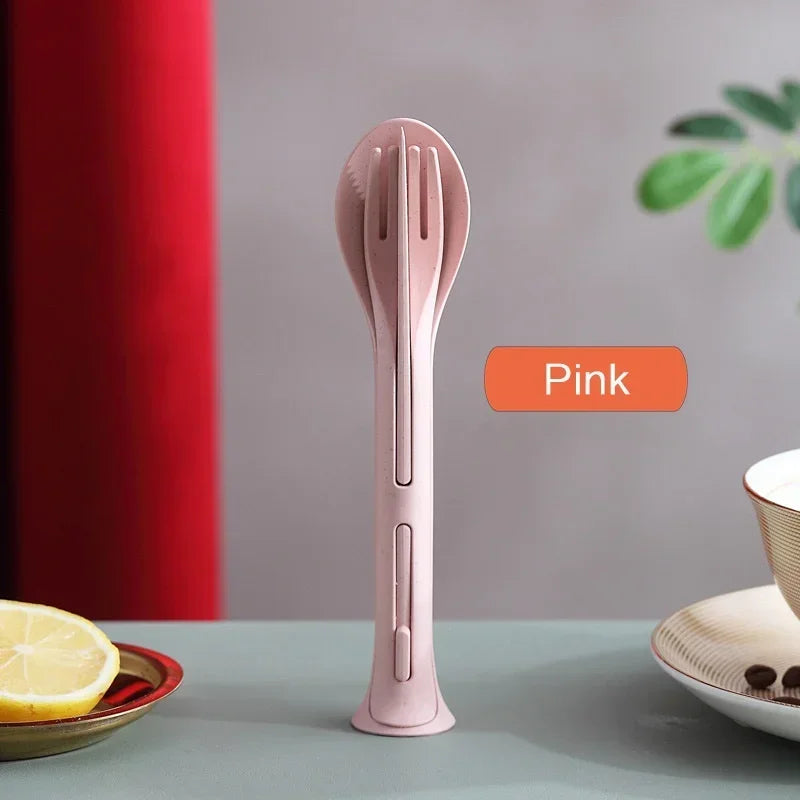 مجموعة أدوات مائدة محمولة من قش القمح مكونة من 3 قطع - أدوات مائدة سفر قابلة للفصل للتخييم والنزهات وتناول الطعام في الهواء الطلق