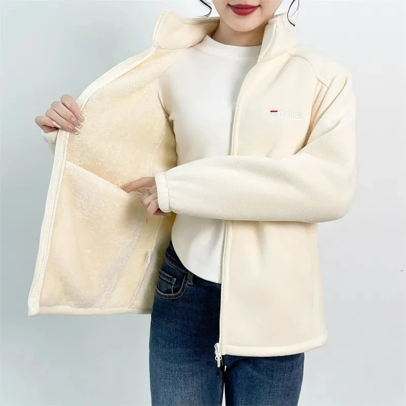 Women Stand Collar Polar Fleece Jacket Autumn Winter Loose Zipper Thickened Coat Large Size 5XL