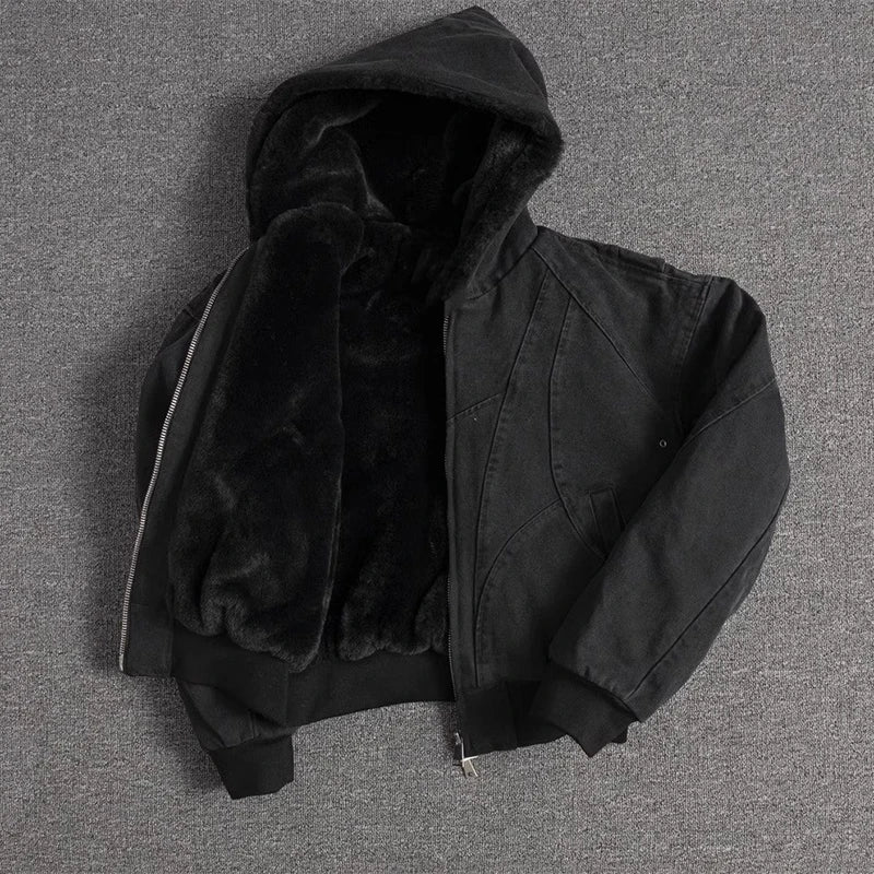 Autumn Winter Oversized Canvas Padded Jacket – Thickened Warm Faux Fur Hoodie