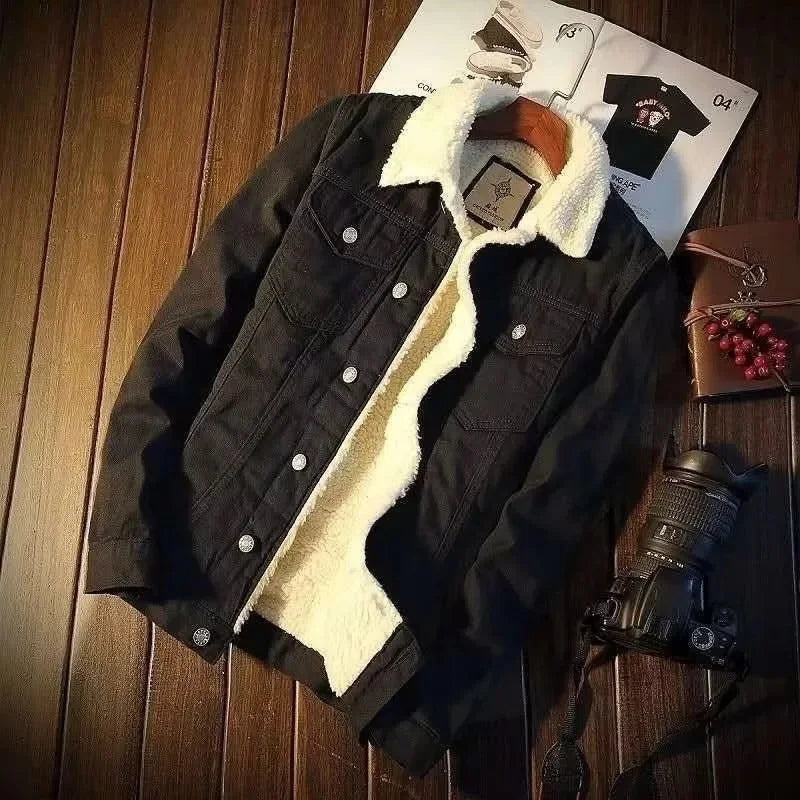 Men’s Vintage Denim Jacket – Loose-Fit Cotton Coat with Fleece Lining for Autumn/Winter