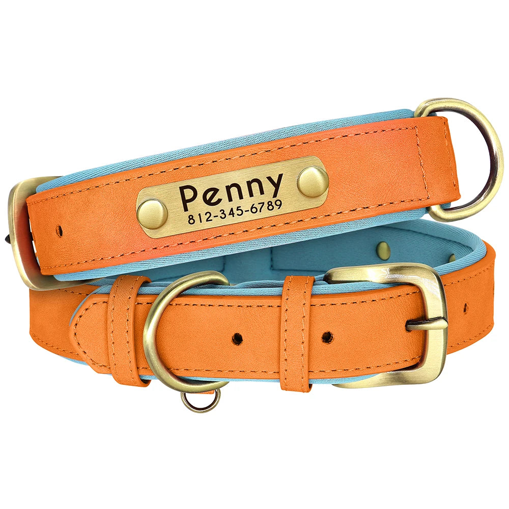 Custom PU Leather Dog Collar – Soft Padded with Engraved Nameplate, Adjustable for Small, Medium & Large Dogs