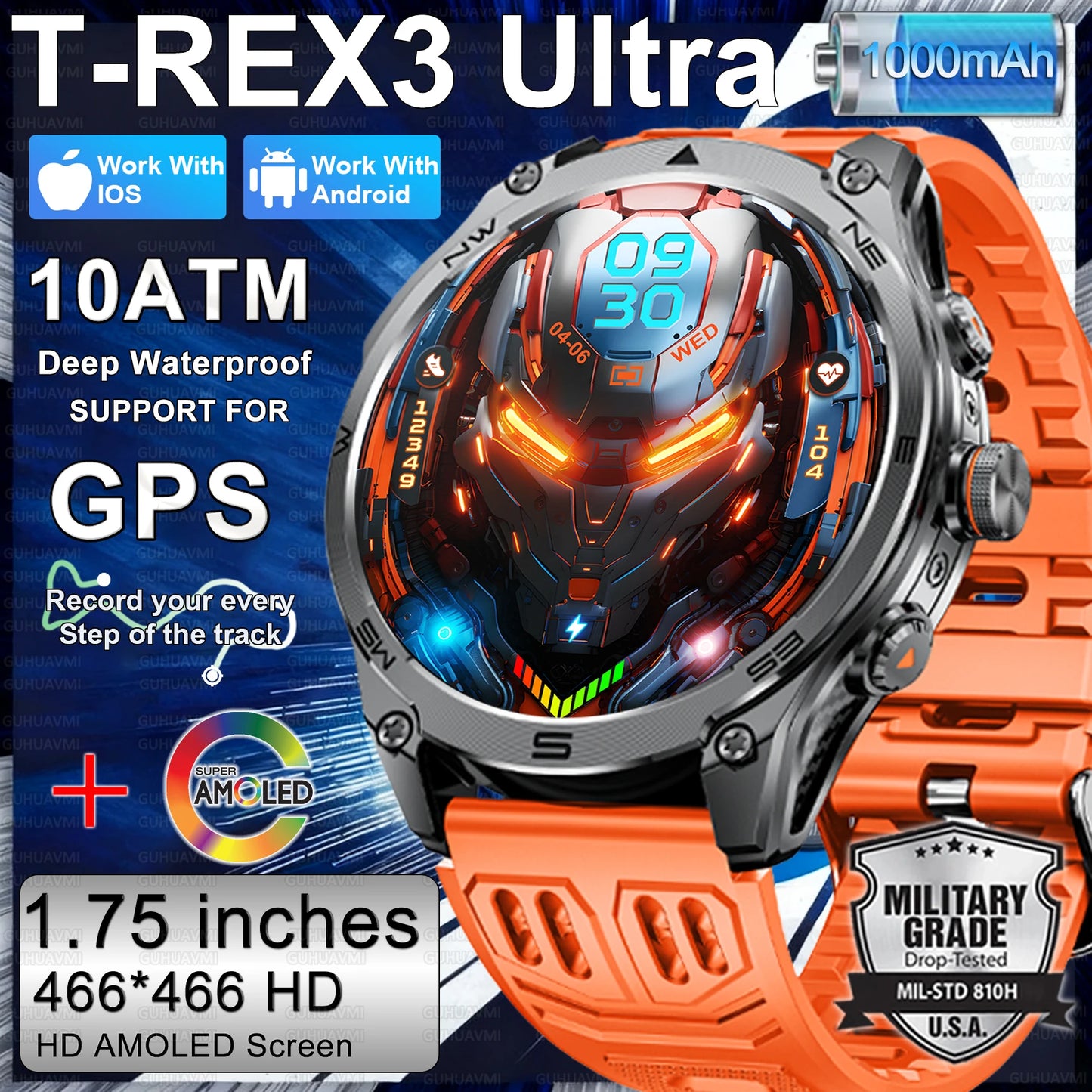 2026 New Military Smart Watch for Men – 1000mAh Battery, GPS Trace, Compass, 10ATM Waterproof, Tactics Sport, Flashlight & Call