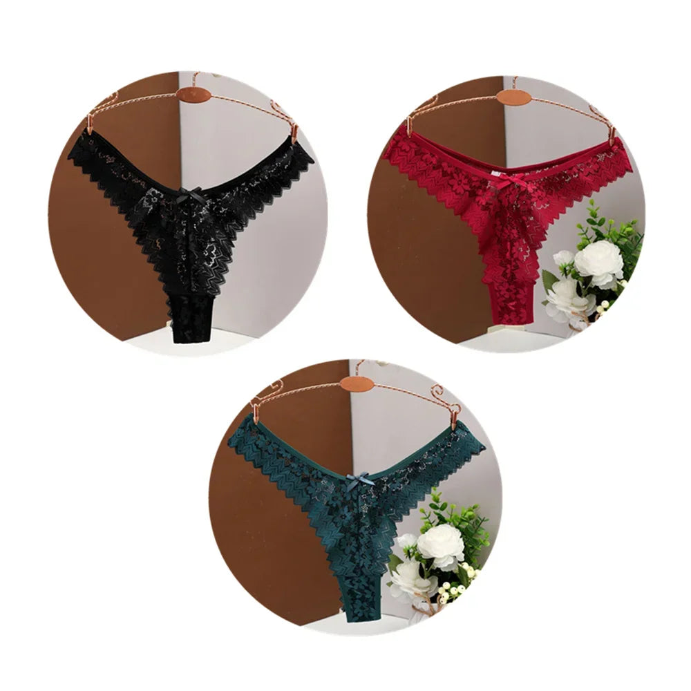 3PC Sexy T-Back Thong Panties for Women – Mid Waist Lace Transparent V-Shape Underwear