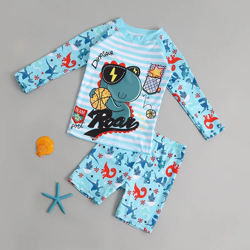Kids Cartoon Long Sleeve Swimsuit Set Sun Protection Boys Girls Beachwear