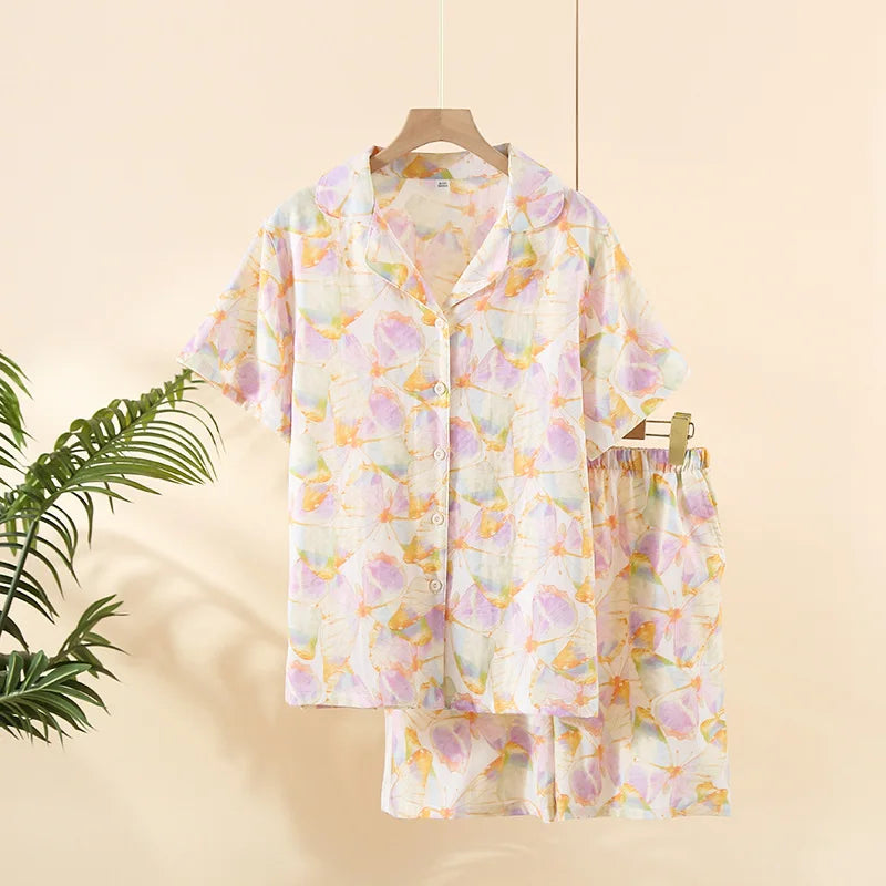 New 100% Cotton Short-Sleeved Pajama Set for Women | Cute Cartoon Japanese-Style Summer Sleepwear