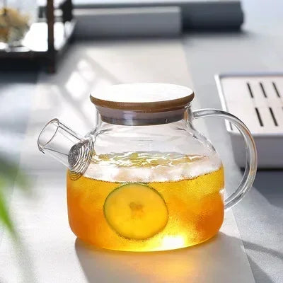 Glass Teapot – Heat-Resistant Borosilicate Kettle with Wooden Lid & Removable Filter
