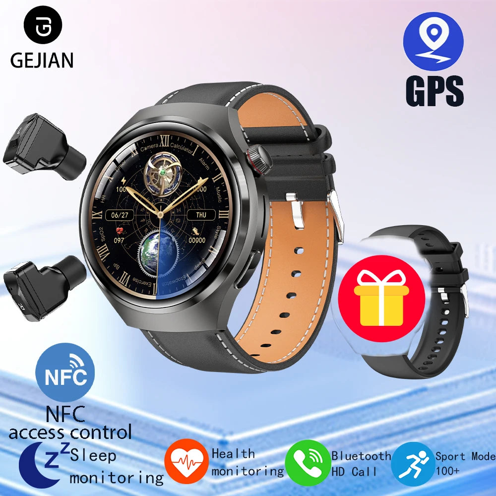 ساعة ذكية 2 في 1 مع سماعات بلوتوث - شاشة عالية الدقة 1.53 بوصة، مكالمات بلوتوث، NFC، GPS، ومتتبع معدل ضربات القلب